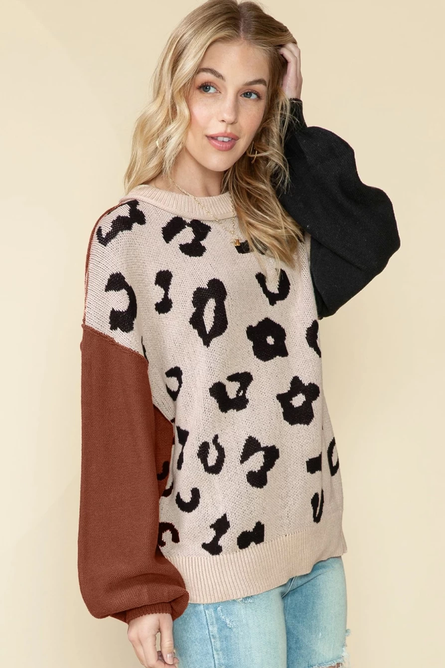 Shewin Women's Coffee Leopard Print Patchwork Pullover Sweater