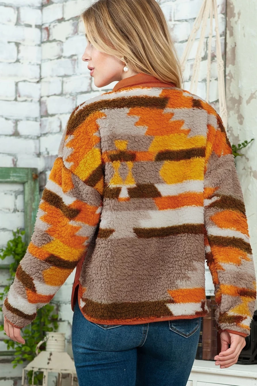 Women's Brown Striped Geometric Fleece Jacket with Quilted Patch Pockets by Shewin