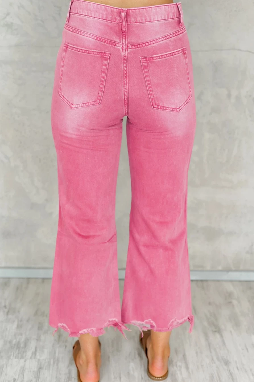 Shewin Women's Peach Blossom High Waist Flare Jeans - Distressed Ripped Raw Hem Vintage Denim Pants