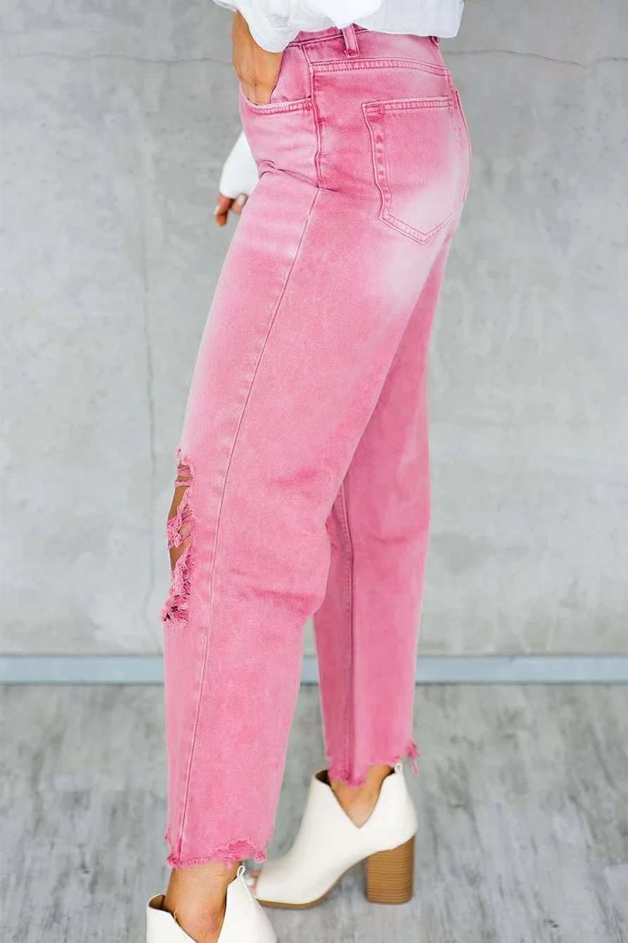 Shewin Women's Peach Blossom High Waist Flare Jeans - Distressed Ripped Raw Hem Vintage Denim Pants