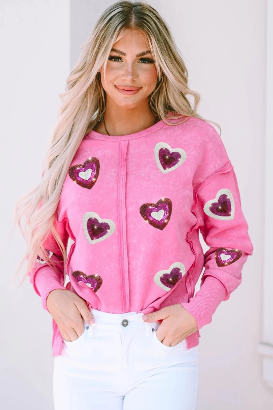 "Shewin Women's Rose Sequin Heart Graphic Sweatshirt with Exposed Seam Detail"