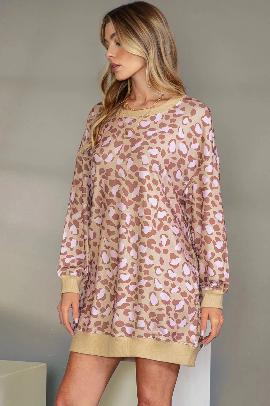 "SheWin Women's Leopard Print Mini Dress with Side Pockets in Parchment – Long Sleeve"