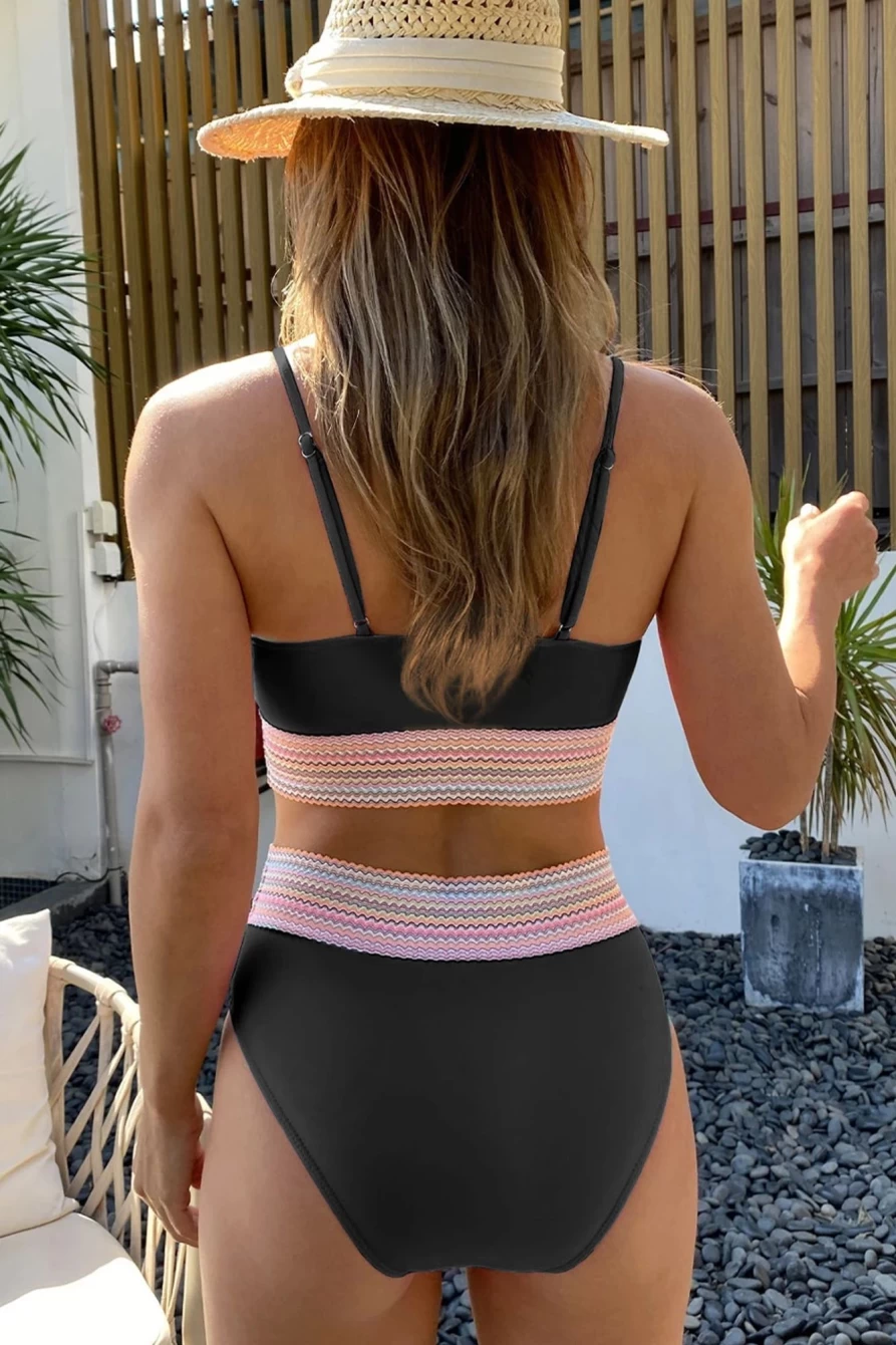 Shewin Women's Black Striped Patchwork High Waist Bikini Set - Spaghetti Strap Two Piece Swimsuit