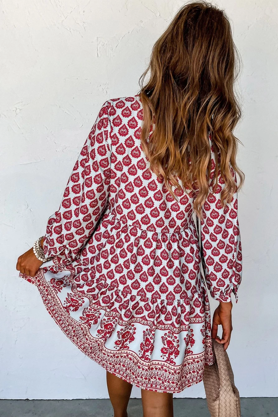Shewin Women's Rose Red Boho Mini Dress with Tassel Tie, Split Neck & Puff Sleeves
