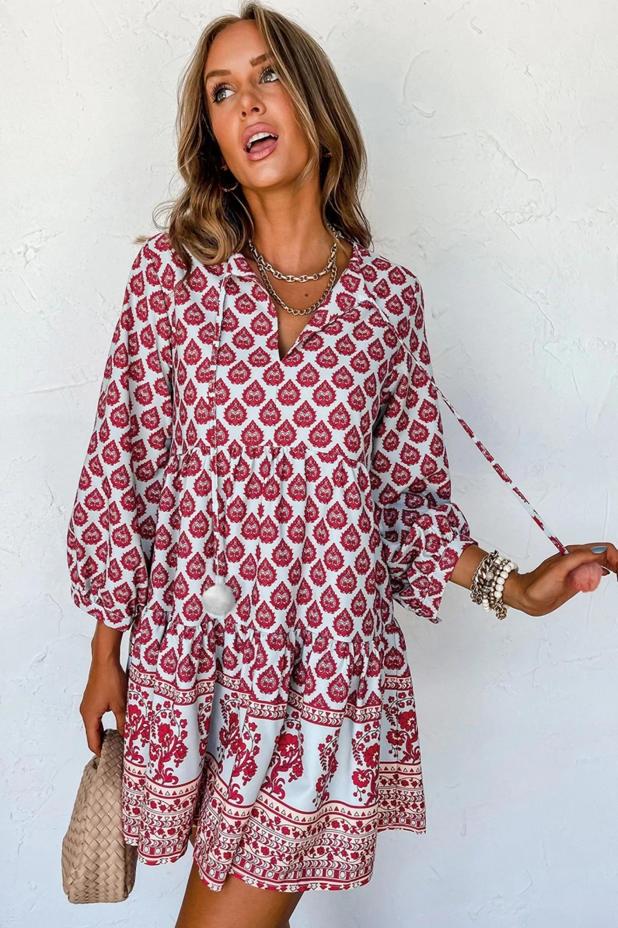 Shewin Women's Rose Red Boho Mini Dress with Tassel Tie, Split Neck & Puff Sleeves