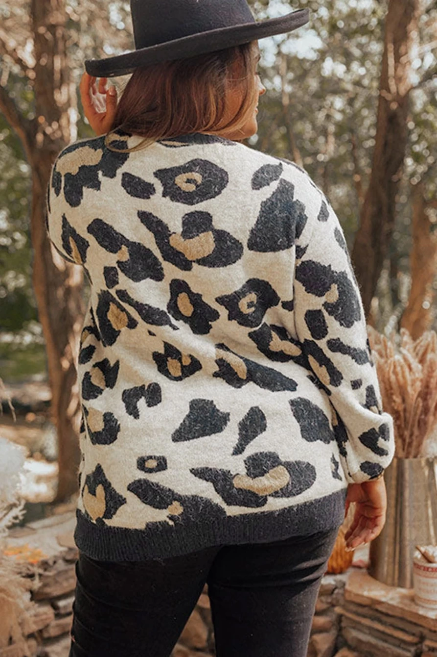 "SheWin Women's Plus Size Leopard Print Sweater with Ribbed Trim and Pockets"