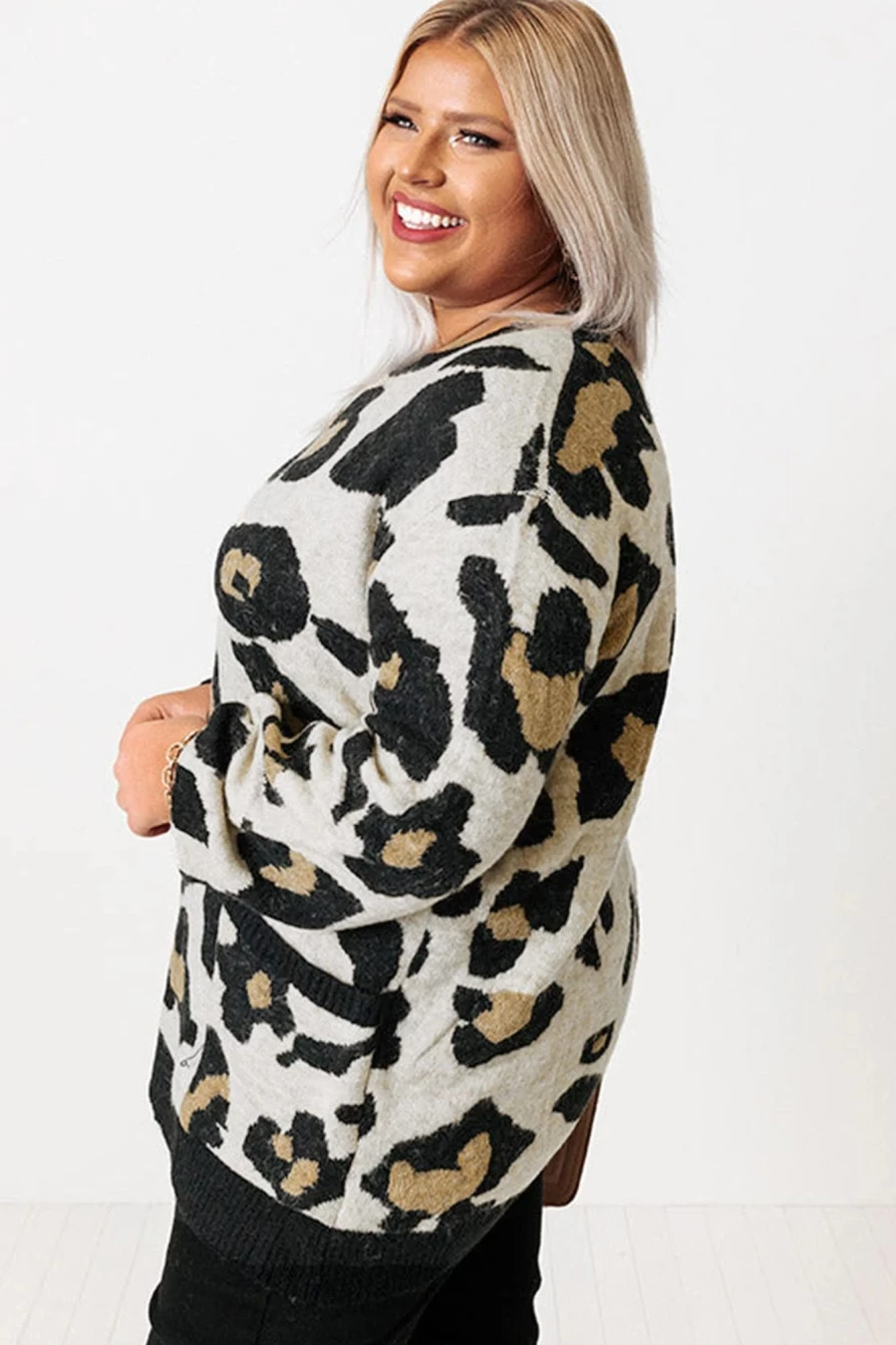 "SheWin Women's Plus Size Leopard Print Sweater with Ribbed Trim and Pockets"