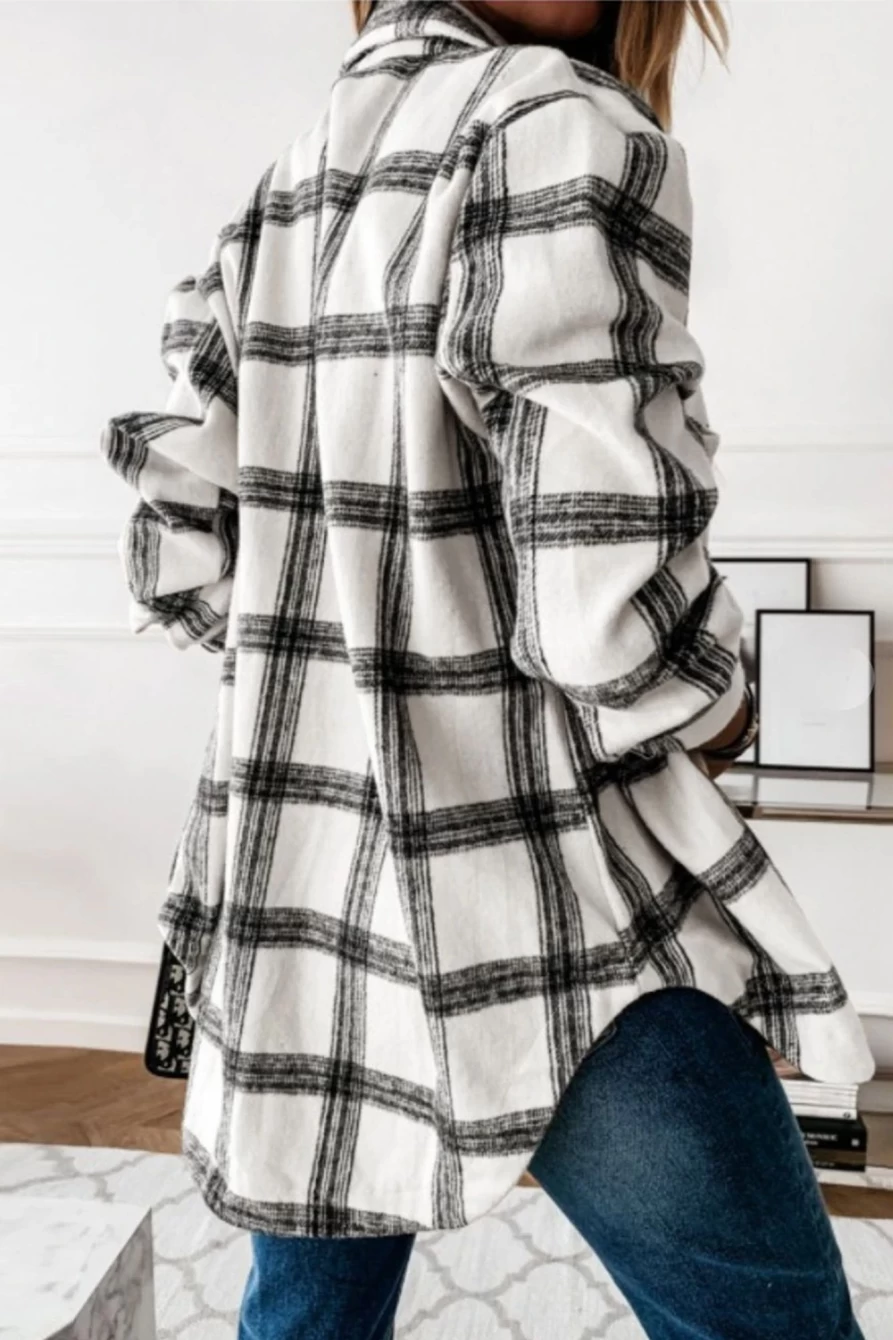 Women's Black Casual Plaid Shacket - Shewin Button-Up Shirt with Side Slit Detail