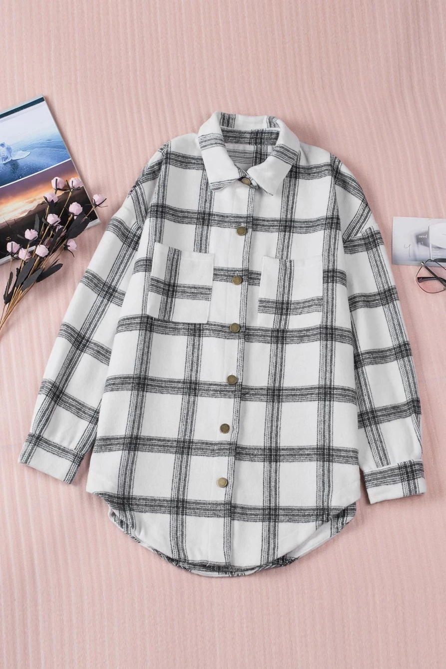 Women's Black Casual Plaid Shacket - Shewin Button-Up Shirt with Side Slit Detail