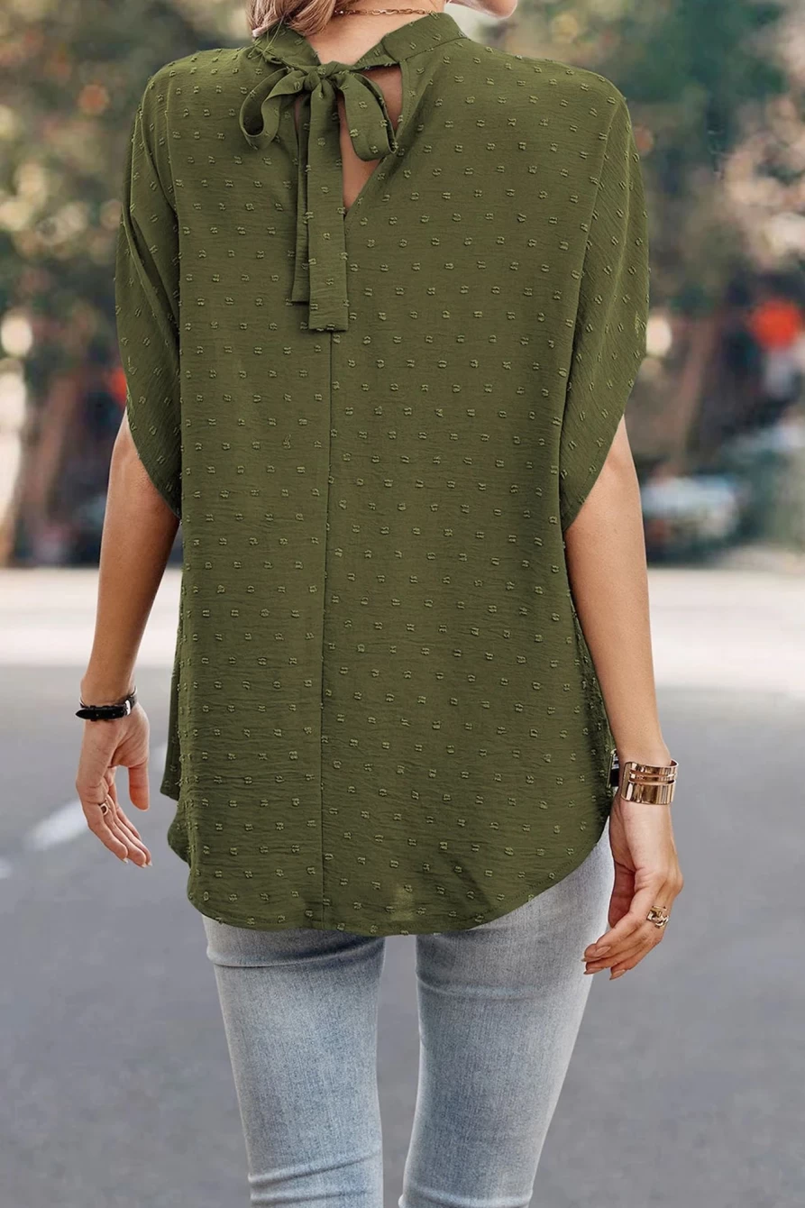 Shewin Women's Mist Green Swiss Dot Blouse with Mock Neck & Batwing Sleeves
