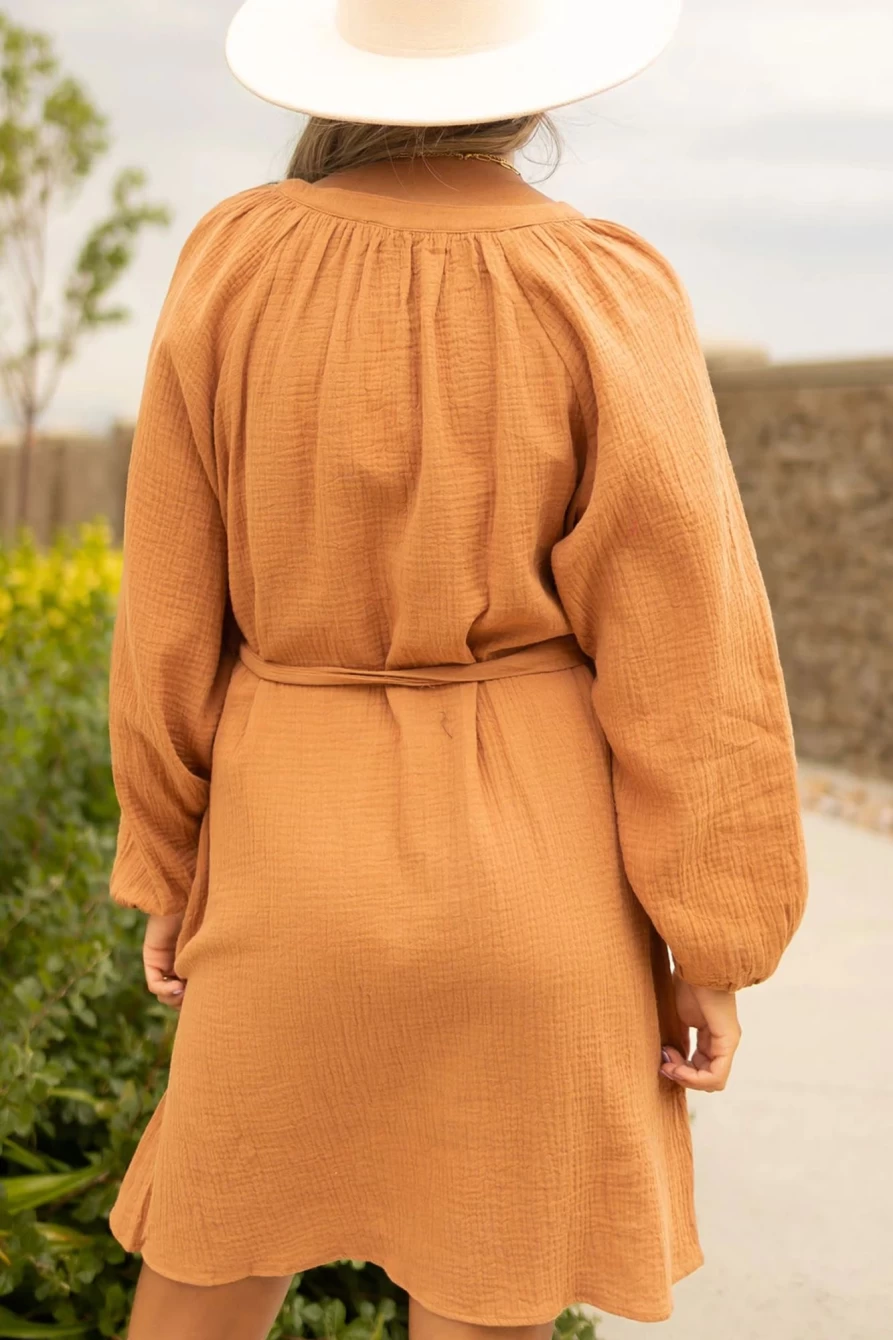 Shewin Women's Camel Puff Sleeve Crinkle Knee Length Shirt Dress