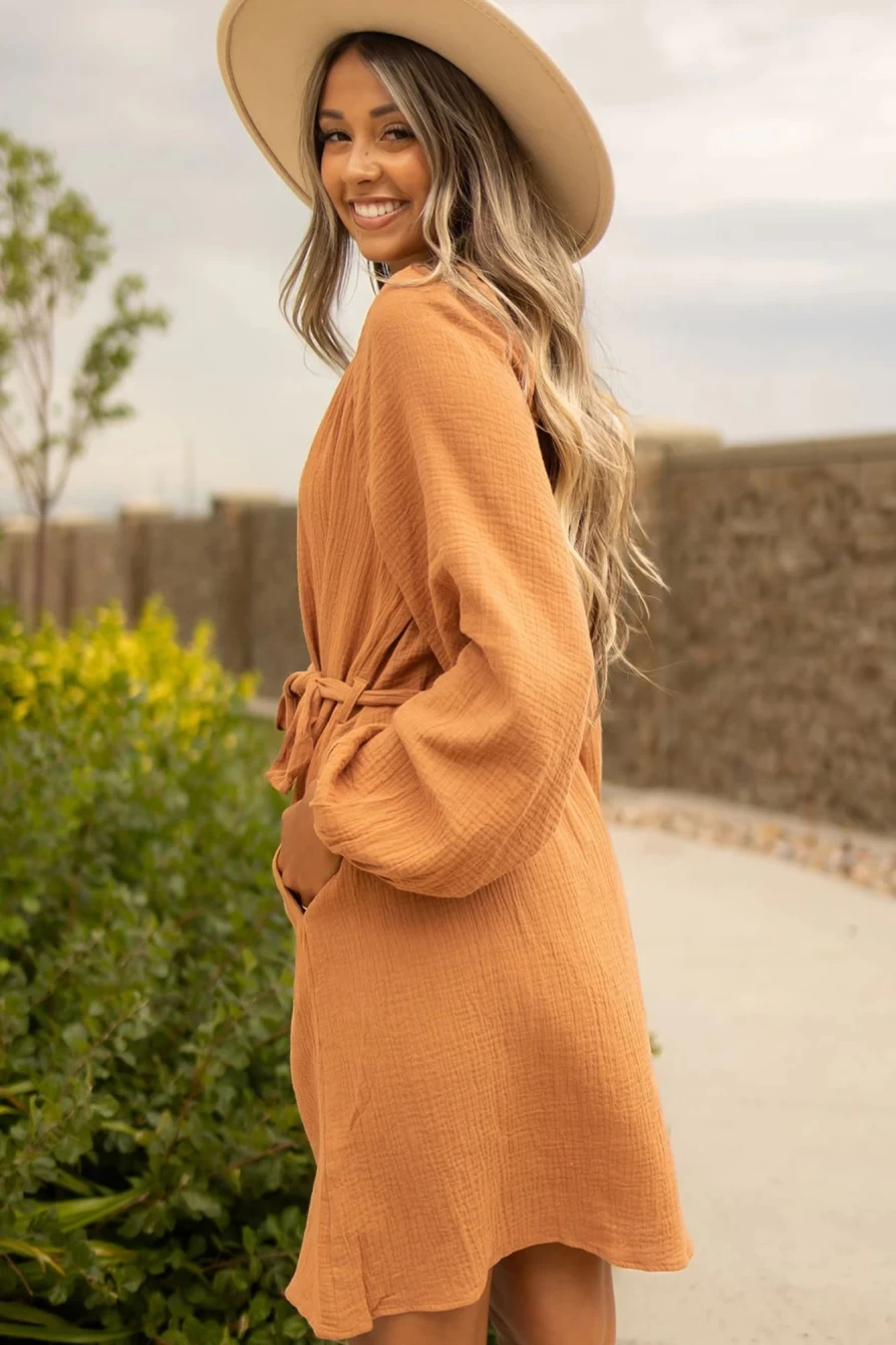 Shewin Women's Camel Puff Sleeve Crinkle Knee Length Shirt Dress