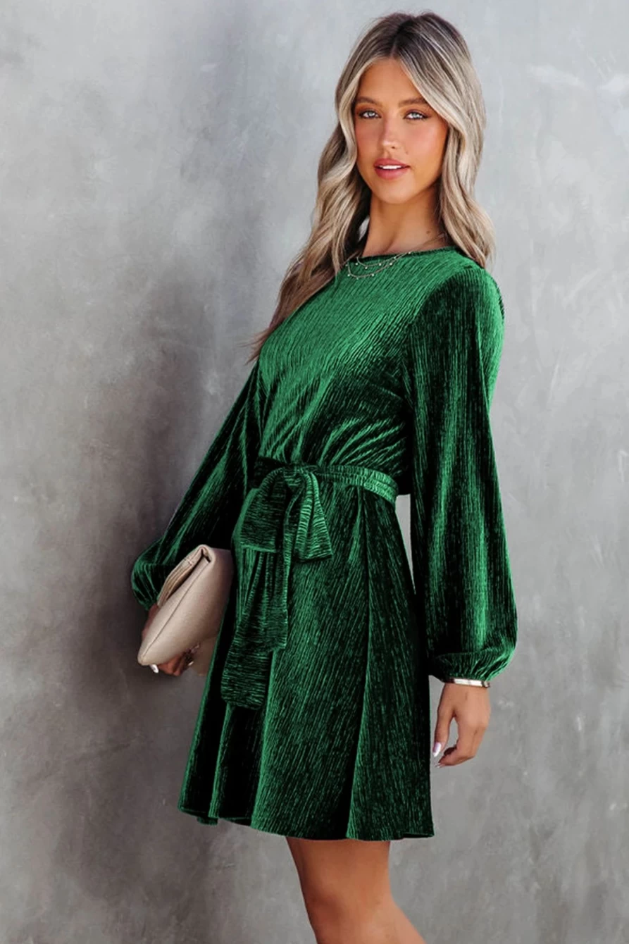 Shewin Women's Green Crinkle Velvet Mini Dress with Tie Waist & Puff Sleeves