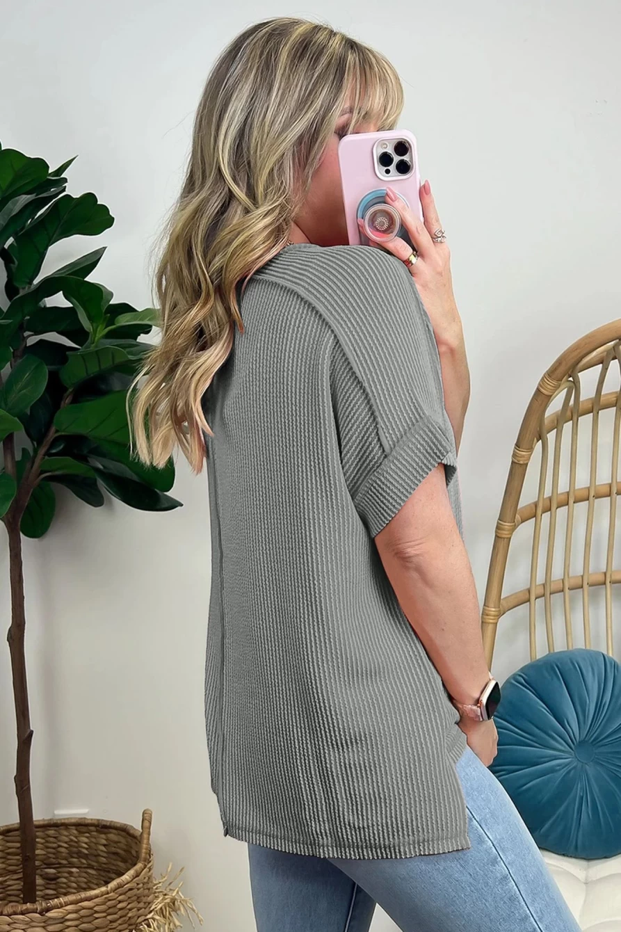 Shewin Women's Medium Grey Ribbed Knit T-Shirt with Exposed Seam & Round Neck