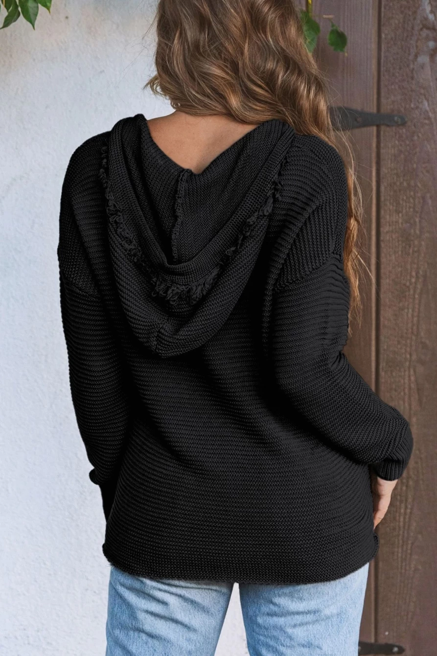 Shewin Women's Black Split V-Neck Hooded Knit Sweater Pullover