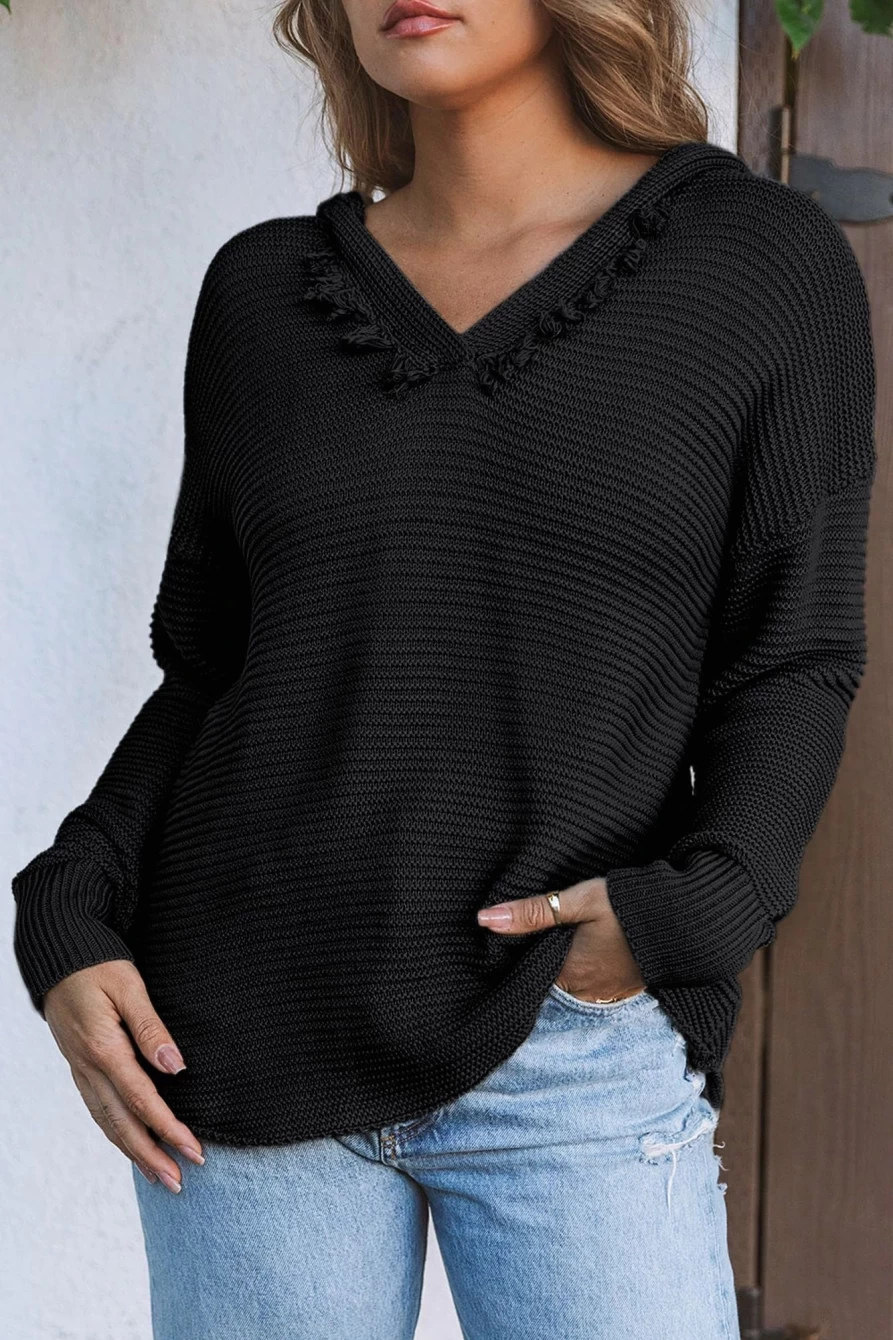 Shewin Women's Black Split V-Neck Hooded Knit Sweater Pullover