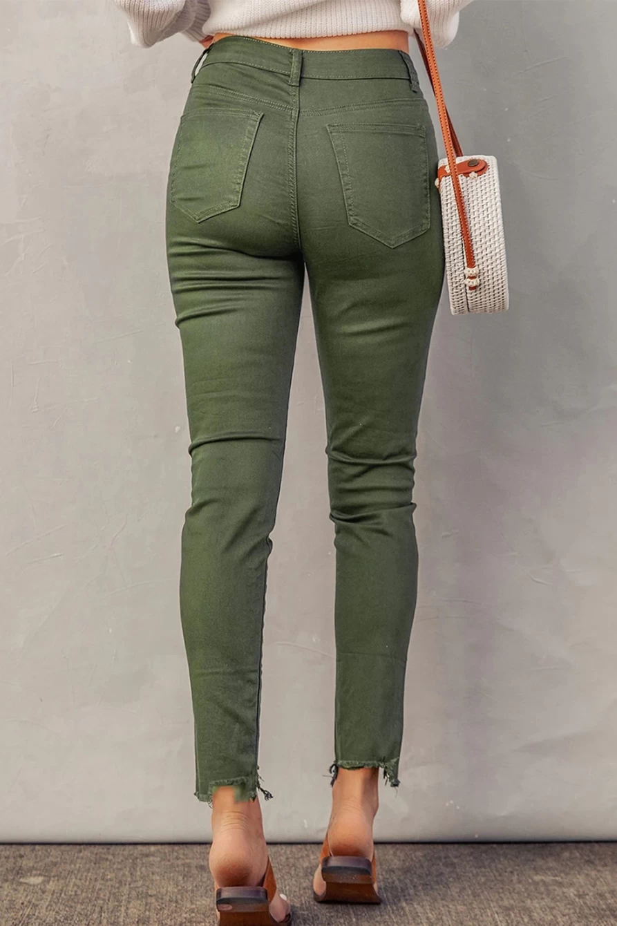 "Shewin Women's High Waist Green Raw Hem Frayed Denim Jeans"