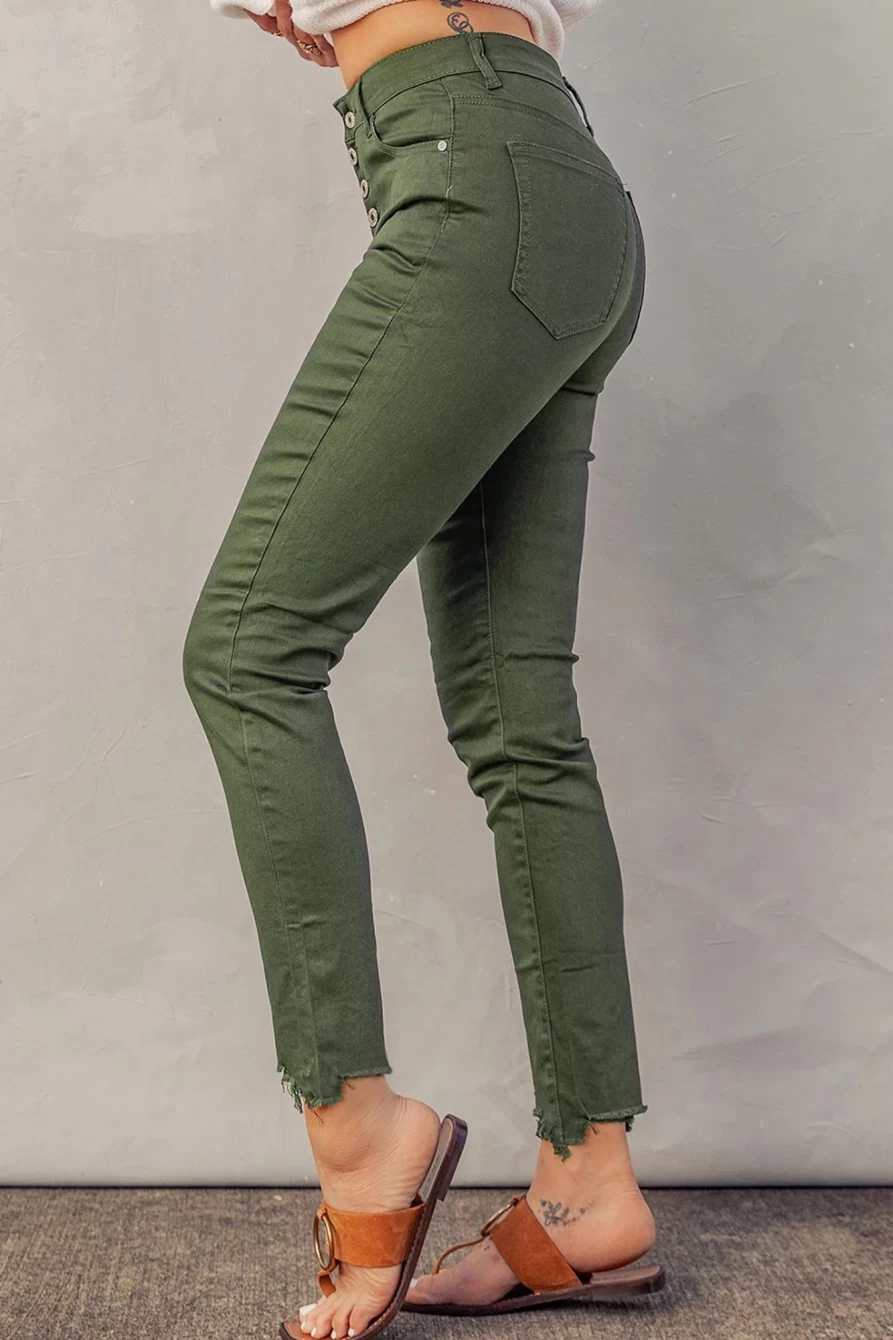 "Shewin Women's High Waist Green Raw Hem Frayed Denim Jeans"
