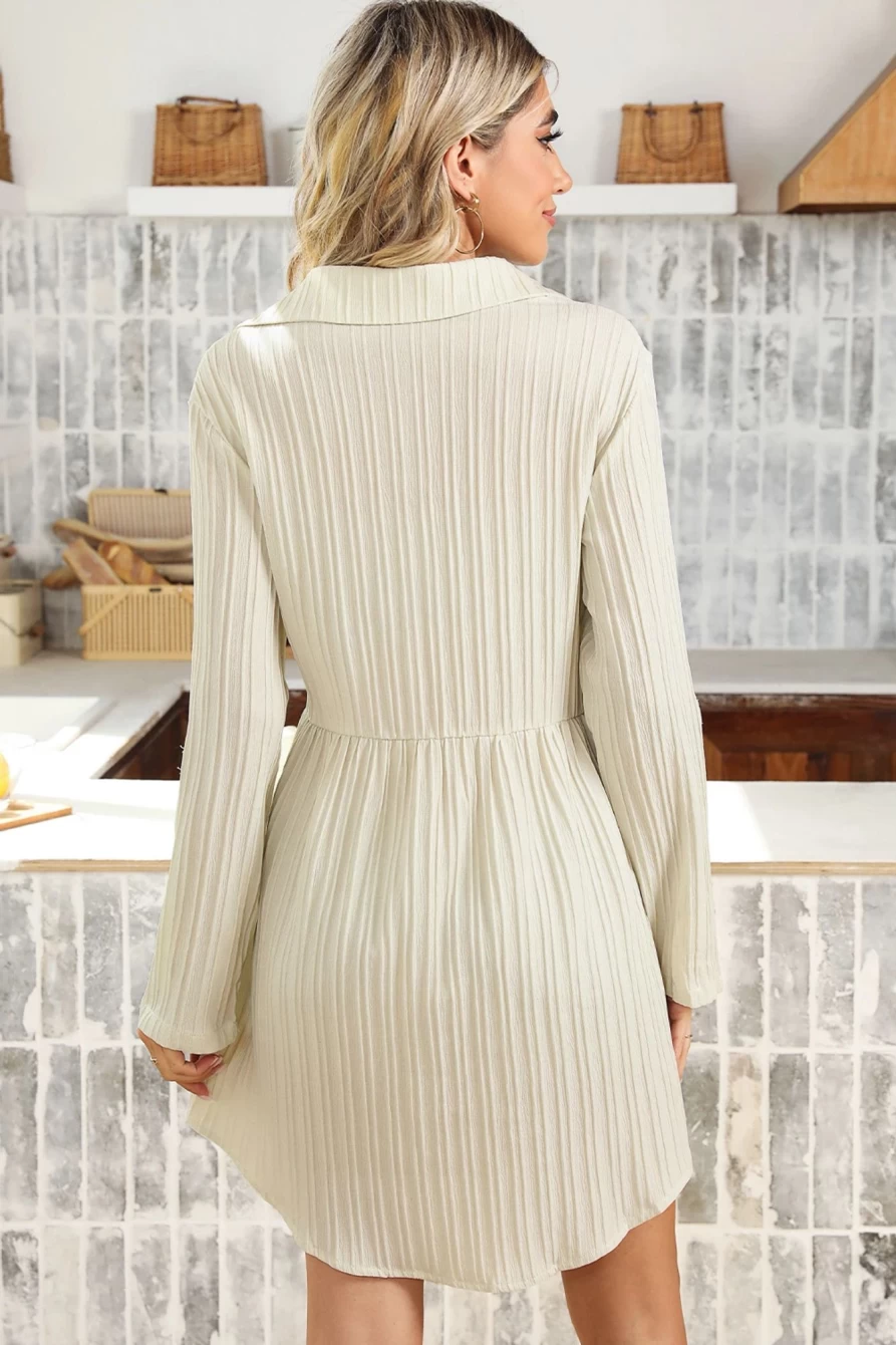 Shewin Women's Apricot Textured Roll-Up Sleeve Button Front Dress