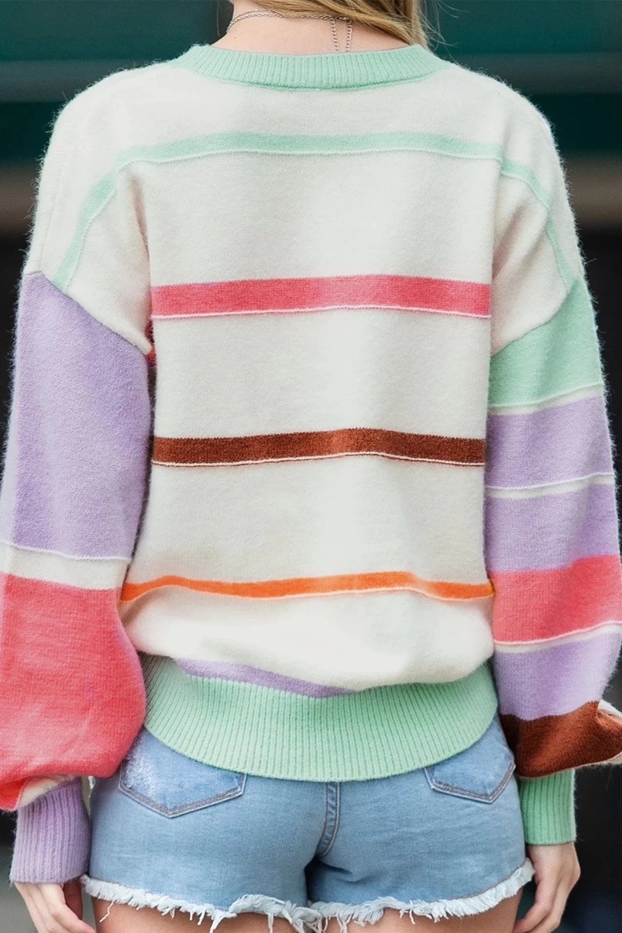 Shewin Women's Multicolor Striped Drop Shoulder Crew Neck Pullover Sweater