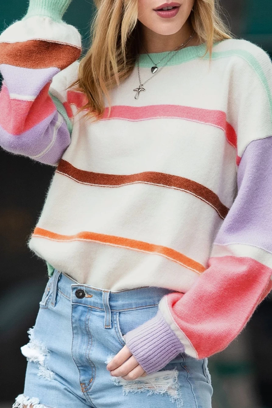 Shewin Women's Multicolor Striped Drop Shoulder Crew Neck Pullover Sweater