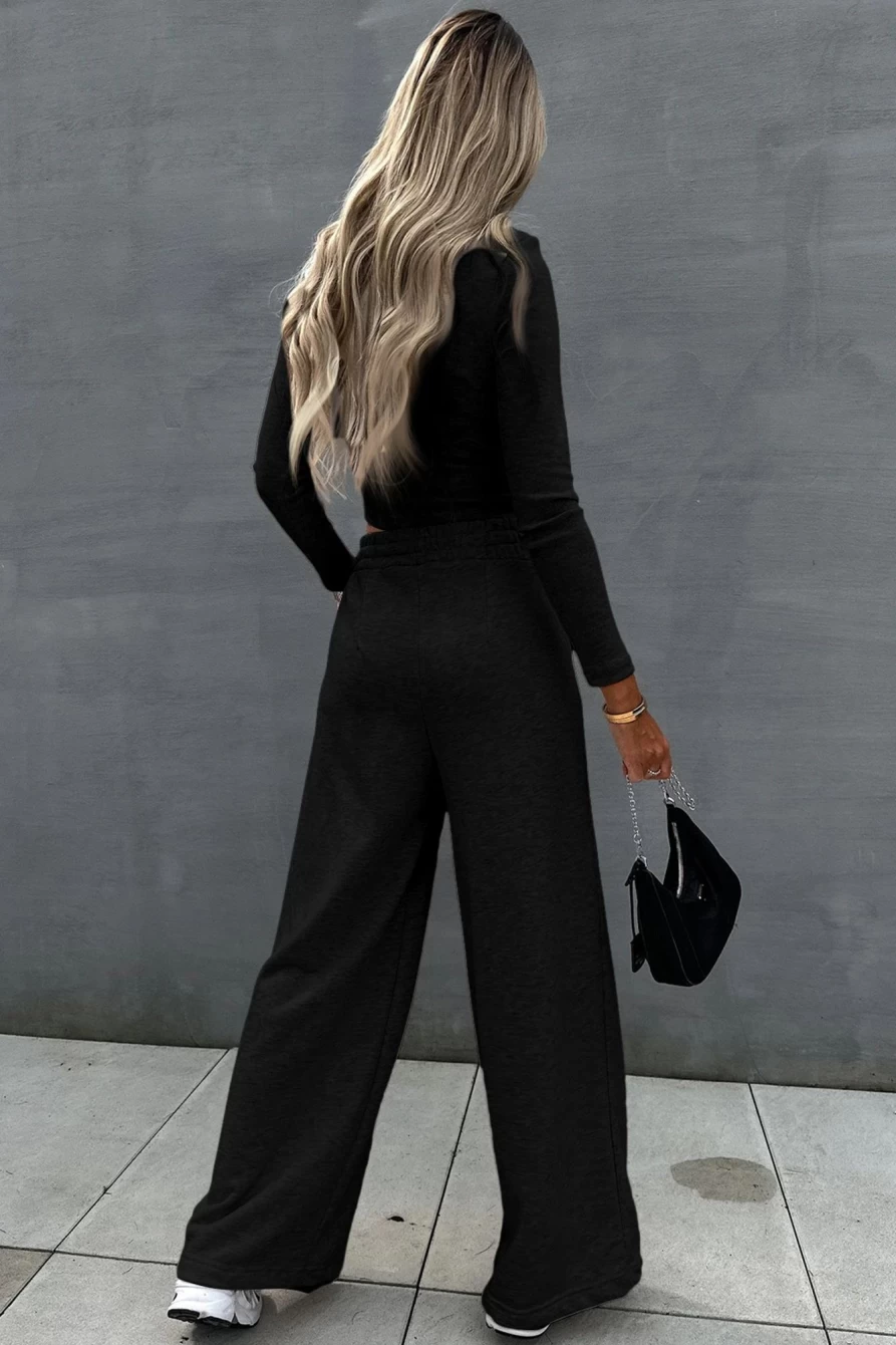 "SheWin Women's Black Long Sleeve Crop Top & Wide Leg Pants Set - Stylish Two Piece Outfit"