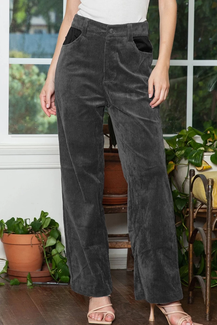 Shewin Women's Gray High Waisted Corduroy Wide Leg Pants for Casual Comfort