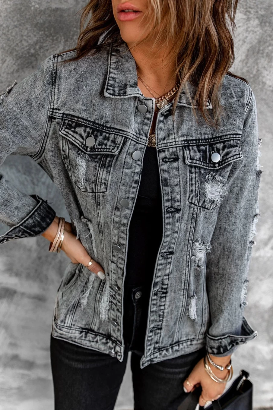 Shewin Women's Gray Distressed Washed Denim Jacket with Button Details