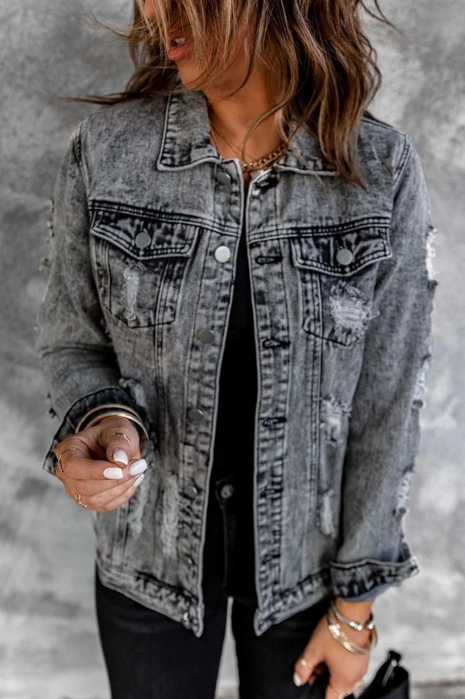 Shewin Women's Gray Distressed Washed Denim Jacket with Button Details