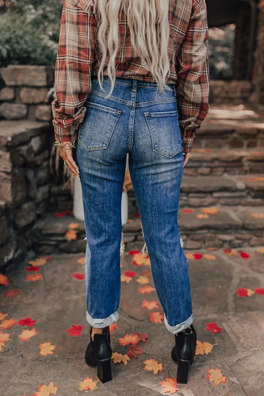 Shewin Women's Blue Vintage Distressed Boyfriend Jeans with Ripped Details