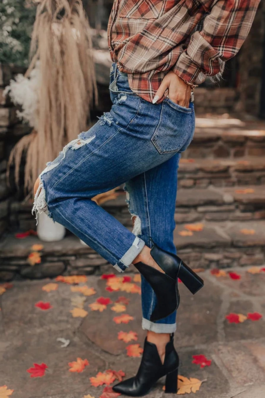 Shewin Women's Blue Vintage Distressed Boyfriend Jeans with Ripped Details