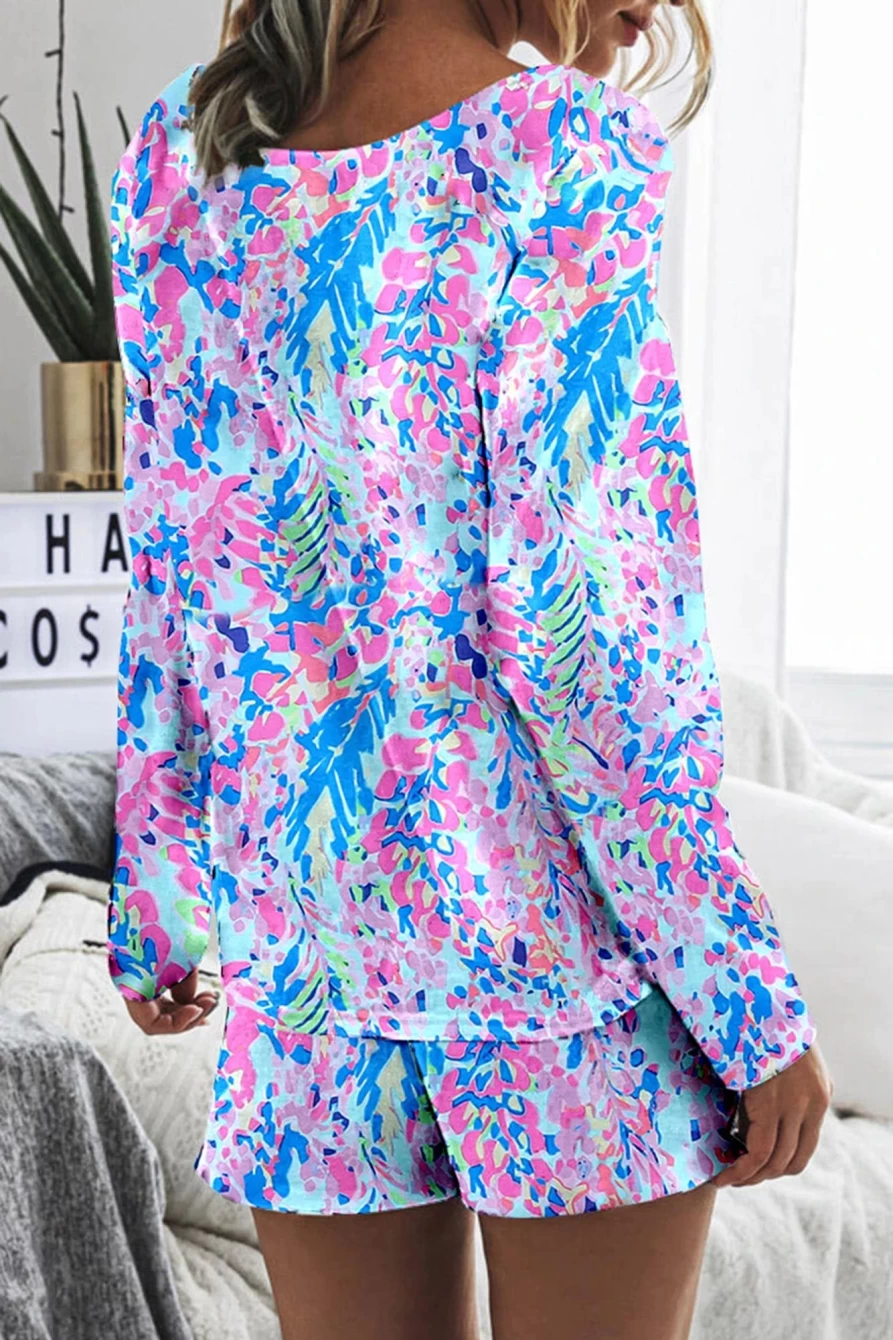 "SheWin Women's Sky Blue Floral Print Top & Drawstring Shorts 2-Piece Summer Outfit"