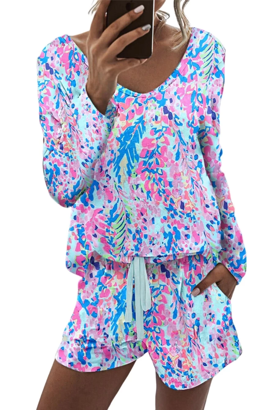"SheWin Women's Sky Blue Floral Print Top & Drawstring Shorts 2-Piece Summer Outfit"