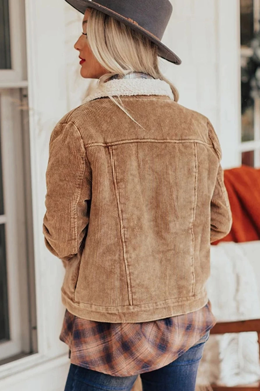Women's Khaki Corduroy Sherpa Jacket with Snap Flap Pockets by Shewin
