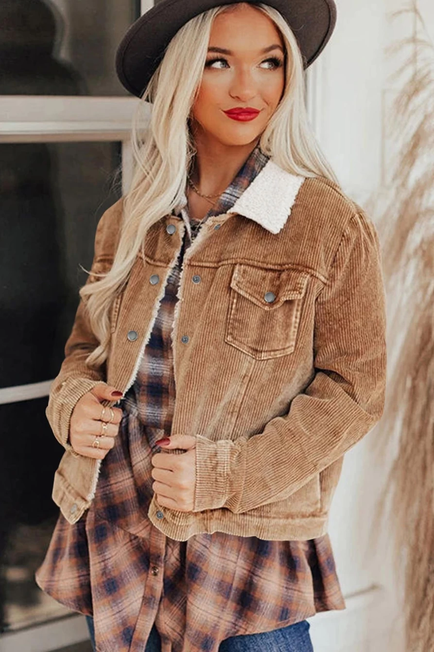 Women's Khaki Corduroy Sherpa Jacket with Snap Flap Pockets by Shewin