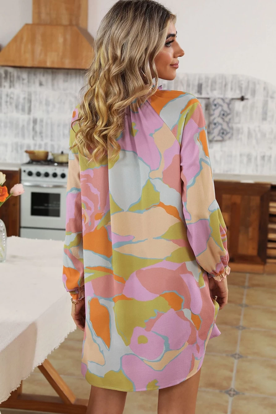 Shewin Women's Multicolor Abstract Print Babydoll Dress with Frill & Split Neck Short Sleeve