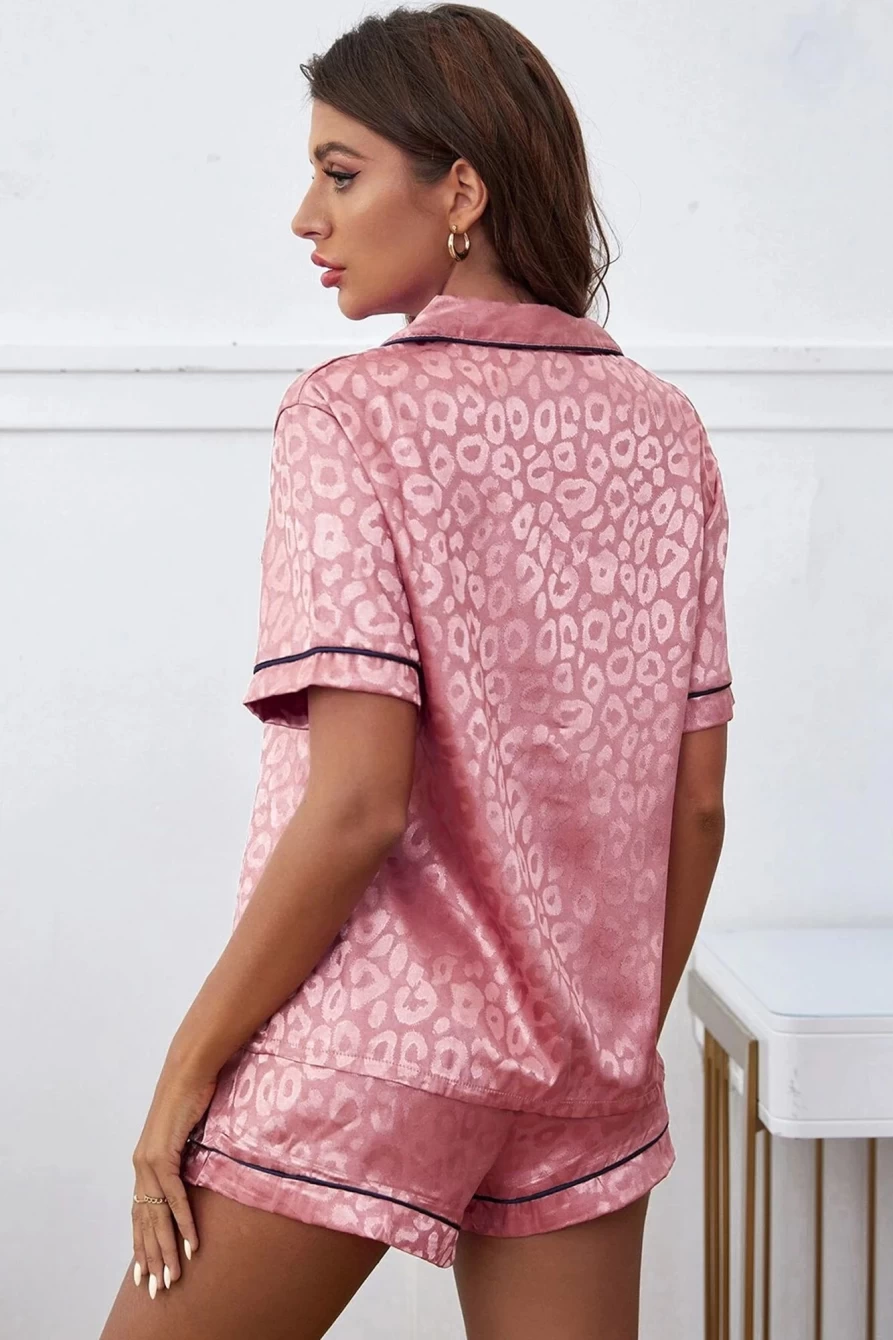 Women's Pink Leopard Print Button-Up Shirt & Shorts Lounge Set by Shewin
