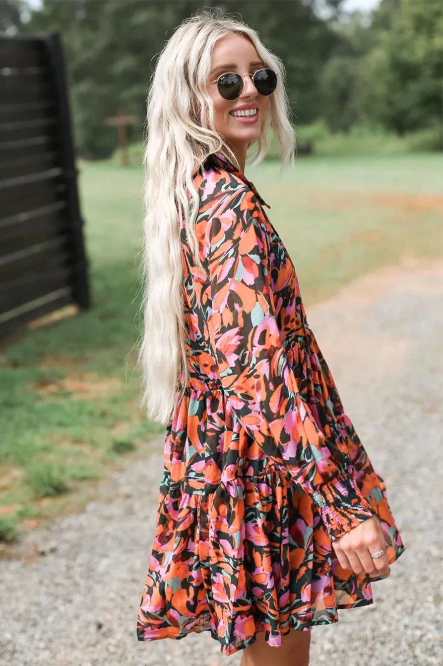 Shewin Women's Red Boho Floral Print Mini Dress with Shirred Cuffs and Tie Detail