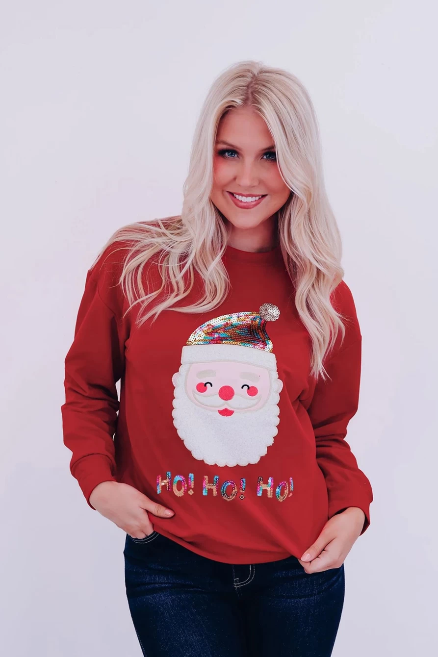 "SheWin Women's Red Ho Ho Ho Sequined Santa Claus Graphic Christmas Sweatshirt"