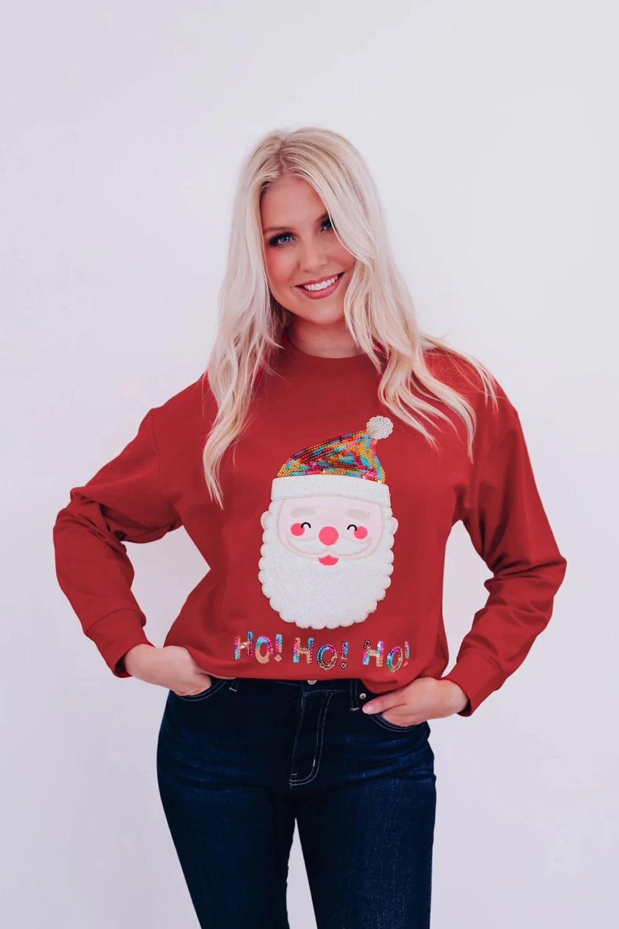 "SheWin Women's Red Ho Ho Ho Sequined Santa Claus Graphic Christmas Sweatshirt"