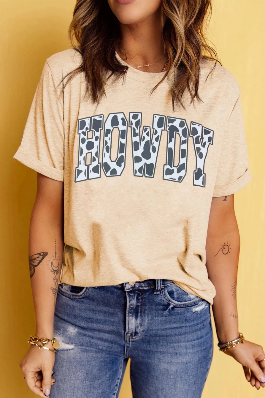 Women's Khaki Animal Print Graphic Tee - Howdy Letter Design by Shewin