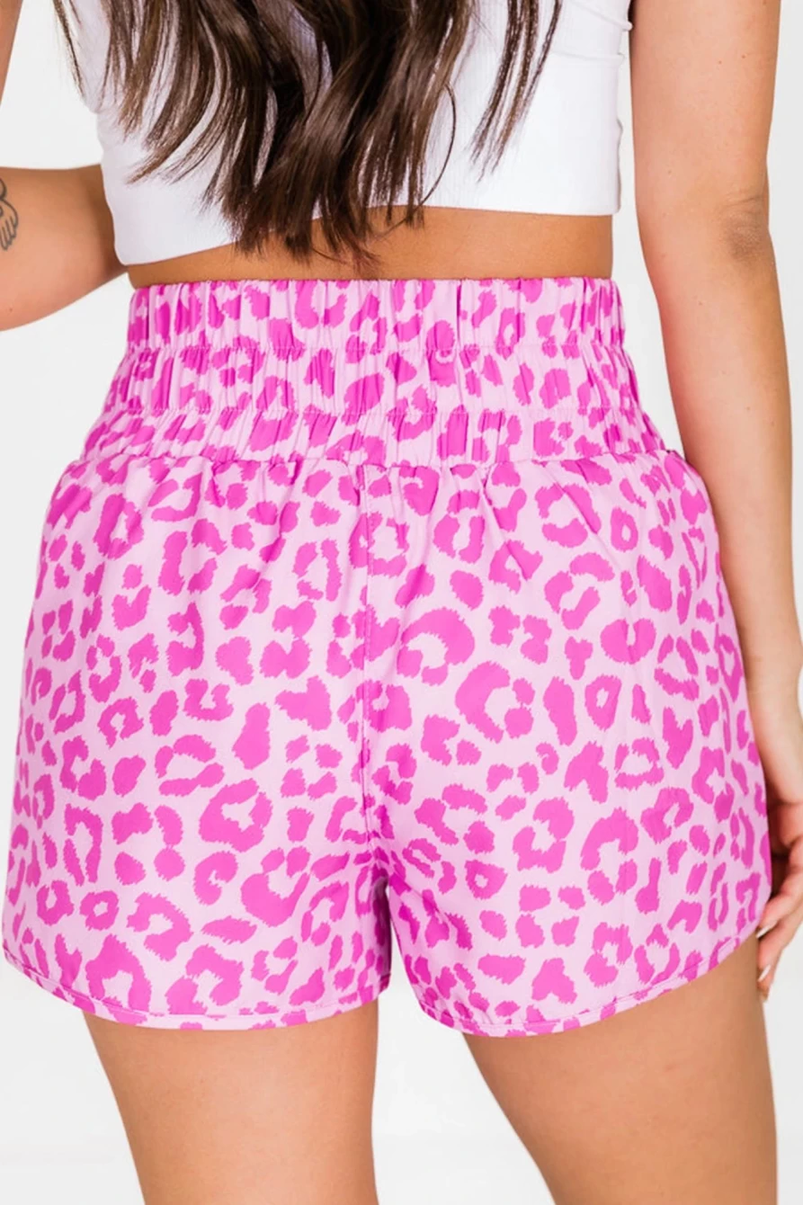 Shewin Women's Pink Leopard Print High Waisted Workout Shorts - Athletic Yoga Running Gym Shorts