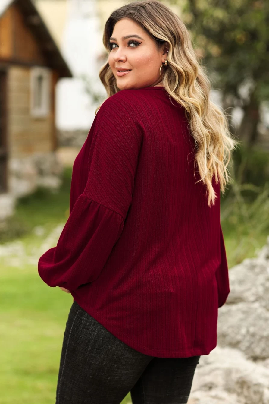 Shewin Women's Ruby Plus Size Textured Knit Top with Balloon Sleeves