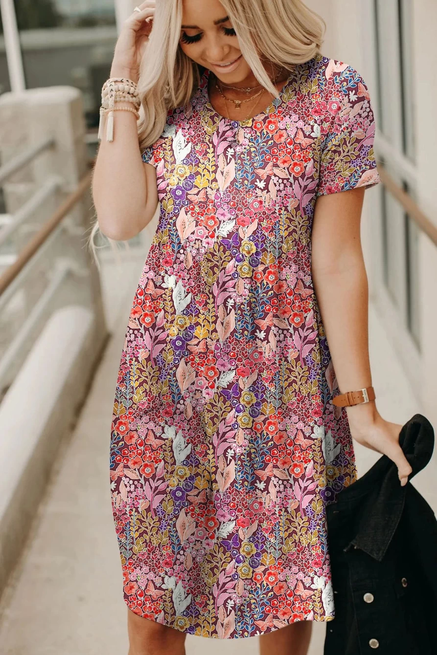 Shewin Women's Leopard Print Short Sleeve A-Line High Waist Dress