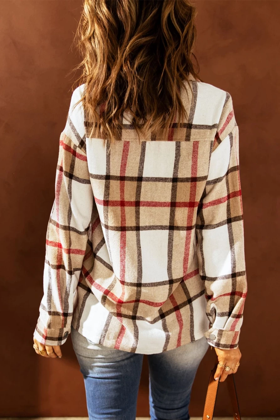 Women's Khaki Plaid Shacket by Shewin - Buttoned Pocket Shirt Jacket for Stylish Layering