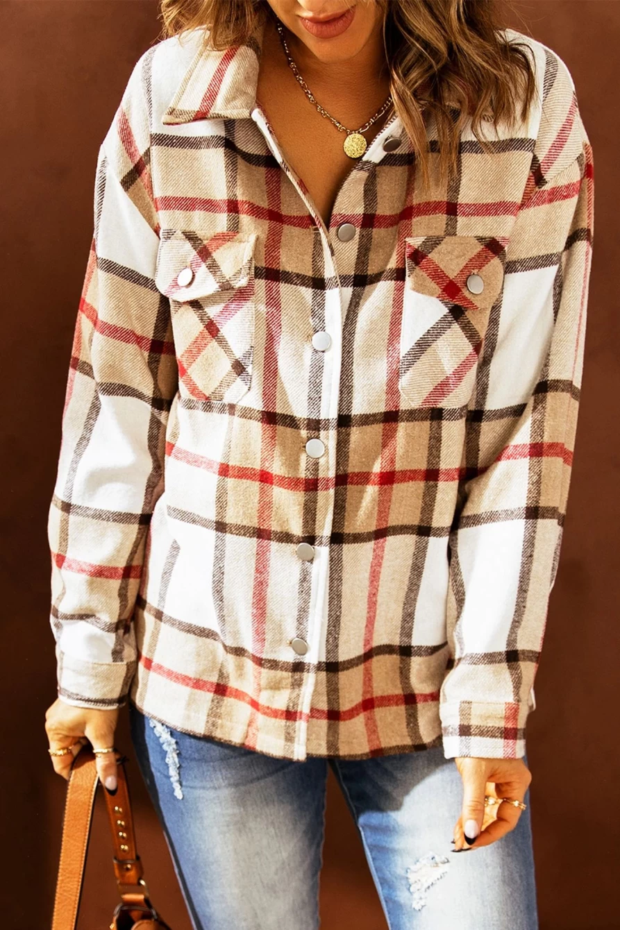Women's Khaki Plaid Shacket by Shewin - Buttoned Pocket Shirt Jacket for Stylish Layering