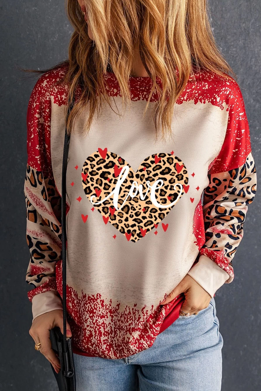 "SheWin Women's Red Leopard Print Bleached Heart Graphic Sweatshirt"