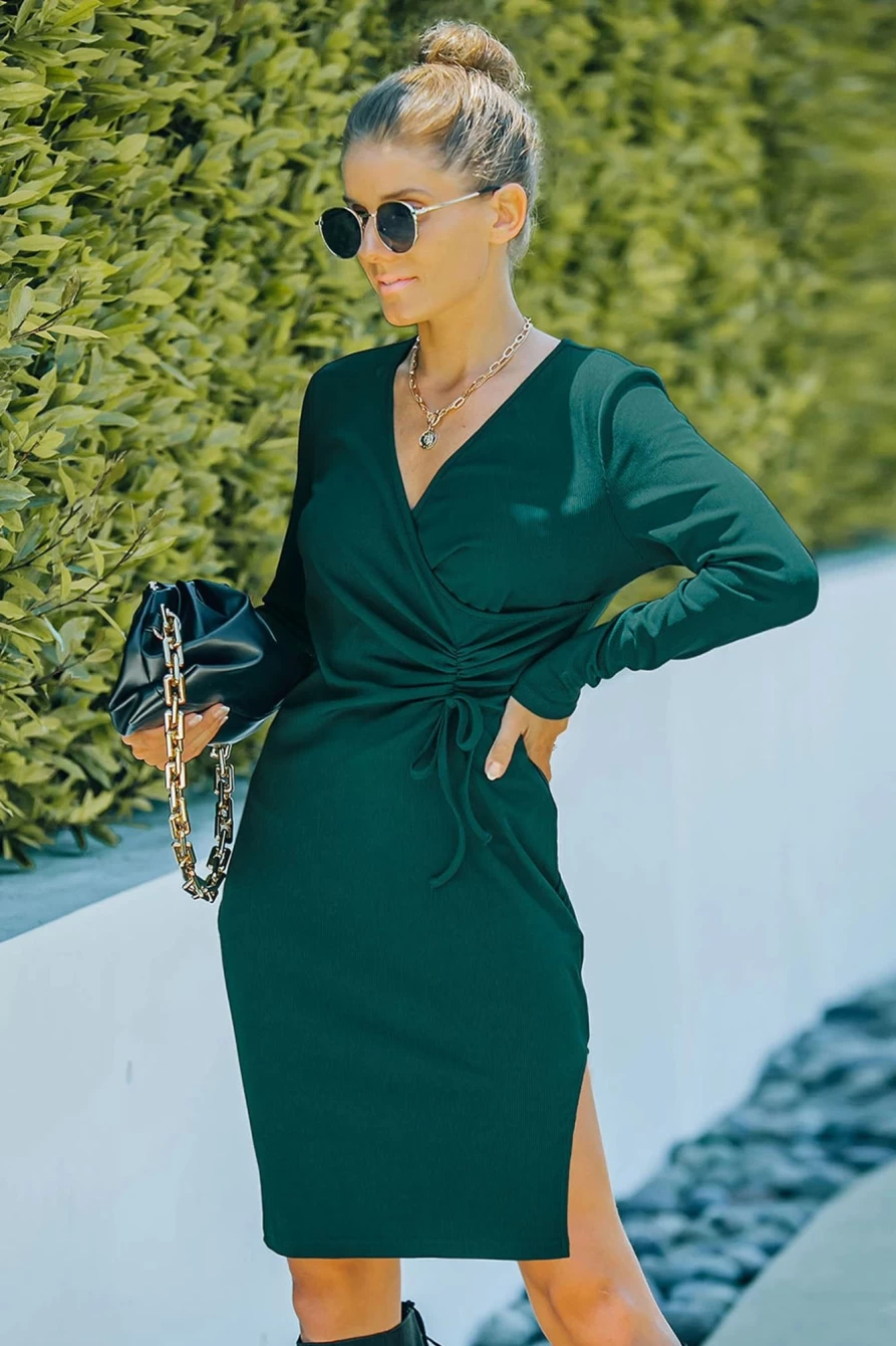 Shewin Women's Green V-Neck Casual Ruched Midi Dress with Drawstring Detail