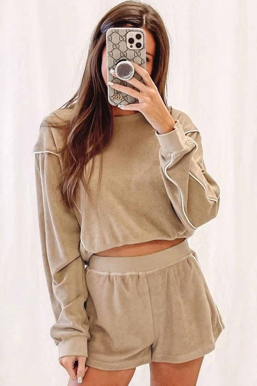 Shewin Women's Khaki High Waist Shorts Set with Exposed Seam Long Sleeve Top