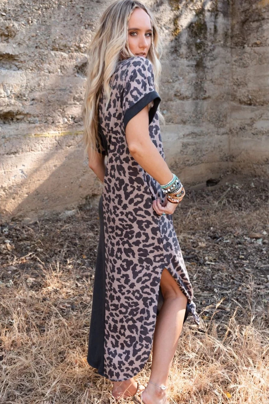 Shewin Women's Black Leopard Print Patchwork T-Shirt Dress with Side Slits
